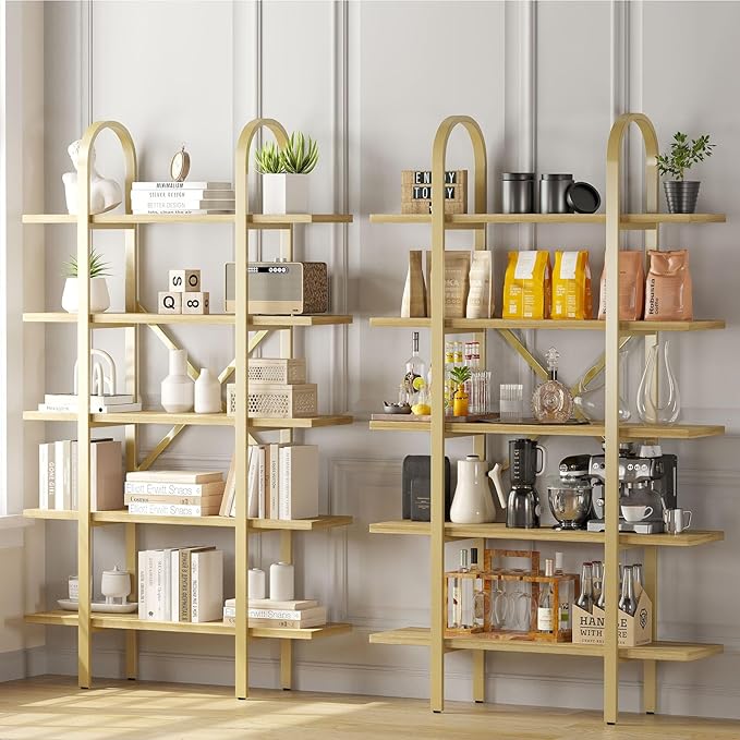 Wide Bookshelf Arched Bookcase, Industrial 5 Tier 72" Tall Freestanding Heavy Duty Display Rack for Home Office, Living Room,Nature Wood & Gold,Easy Assembly