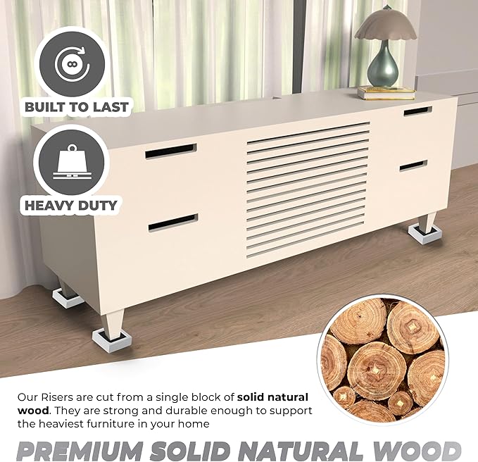 FASONLA Bed Risers (Set of 8) Furniture Risers Lifts Height 1", 2", 3" or 4", Solid Natural Wood Risers, Non-Slip Recessed Hole to Heavy Bed/Furniture (White Color)