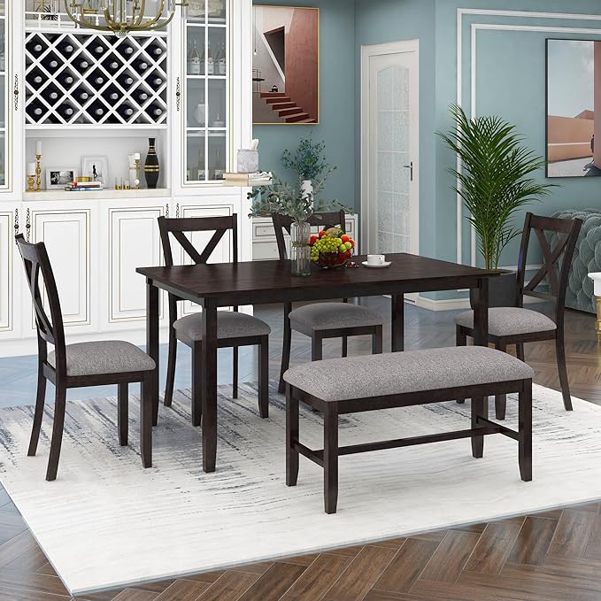 SogesPower 6-Piece Kitchen Dining Table Set for 4-6,Rectangular Dining Table with 4 Fabric Chairs & 1 Bench for Dining Room Living Room,Espresso