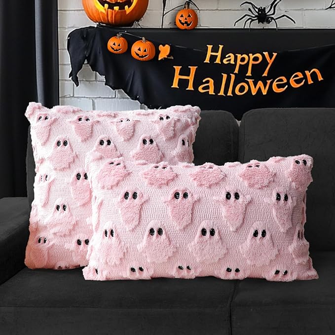 4TH Emotion Halloween Ghost Decorative Pillow Covers 16x16 Set of 2, Pink Soft Plush Faux Fur Farmhouse Throw Cushion Cases for Fall Autumn Holiday Home Decorations
