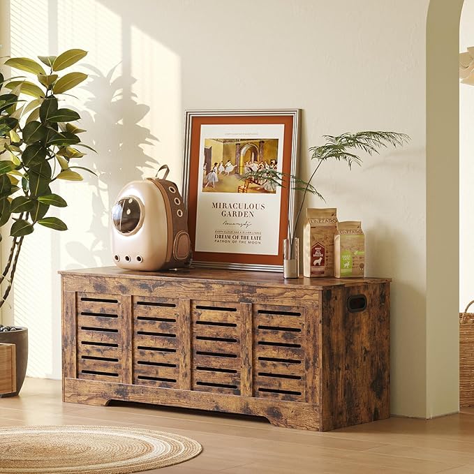 DINZI LVJ Storage Chest, 47.3” Wooden Toy Box with 2 Safety Hinges, Retro Entryway Shoe Storage Bench with Flip-Top, Sturdy Large Storage Trunk for Living Room, Bedroom, Easy Assembly, Rustic Brown