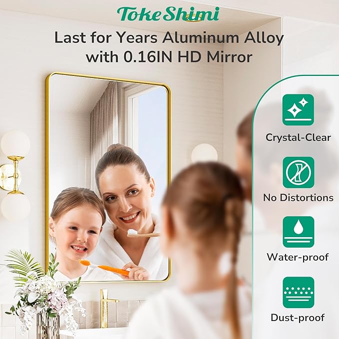 TokeShimi 72x36 Brushed Gold Bathroom Mirror,Tempered Glass,Bathroom Wall Mirror with Seamless Aluminum Frame,Modern Bathroom Vanity Mirror Shatterproof(Horizontal/Vertical)