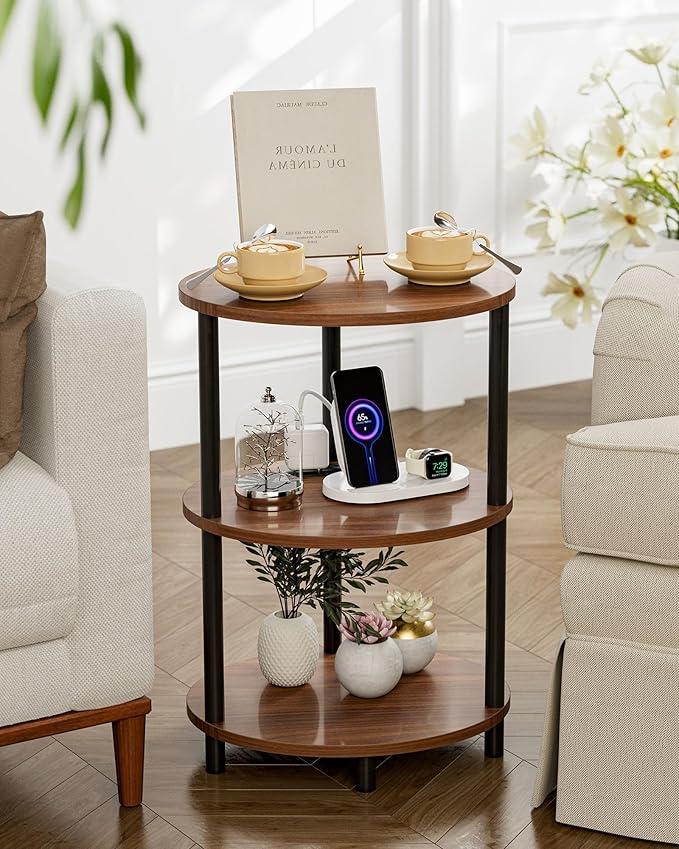 Small Round Side Table - 3-Tier Oval Accent Table for Small Spaces, Rustic Wood and Metal Nightstand for Living Room or Bedroom, with Built-in USB Ports and Power Outlet, Rustic Walnut