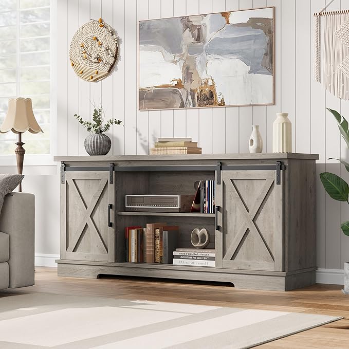 IDEALHOUSE Farmhouse Tv Stand for 65 Inches TVs, Entertainment Center with Storage and Sliding Barn Doors, Adjustable Shelf Modern Media TV Console TV Stand Table for Living Room, Bedroom, Grey