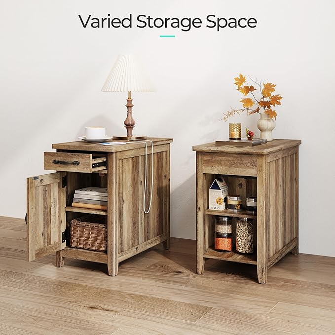 LINSY HOME Farmhouse End Table with Charging Station, Narrow Side Table for Living Room, Sofa Side Table with Drawer and Storage Cabinet, Small Nightstand for Home Office
