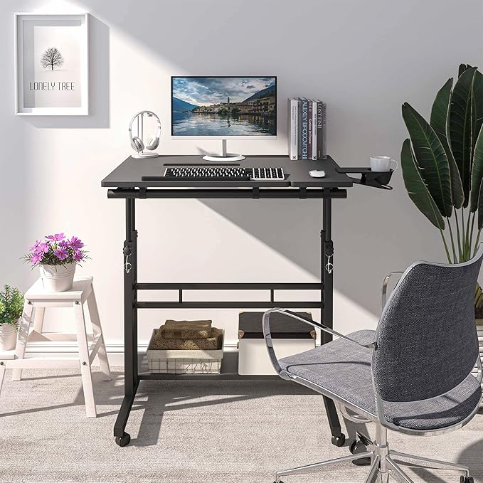 Mobile Standing Desk, Adjustable Rolling Computer Desk with 3 Desktops, Portable Laptop Table with Cup Holder, Home Office Laptop Workstation on Lockable Wheels, Black