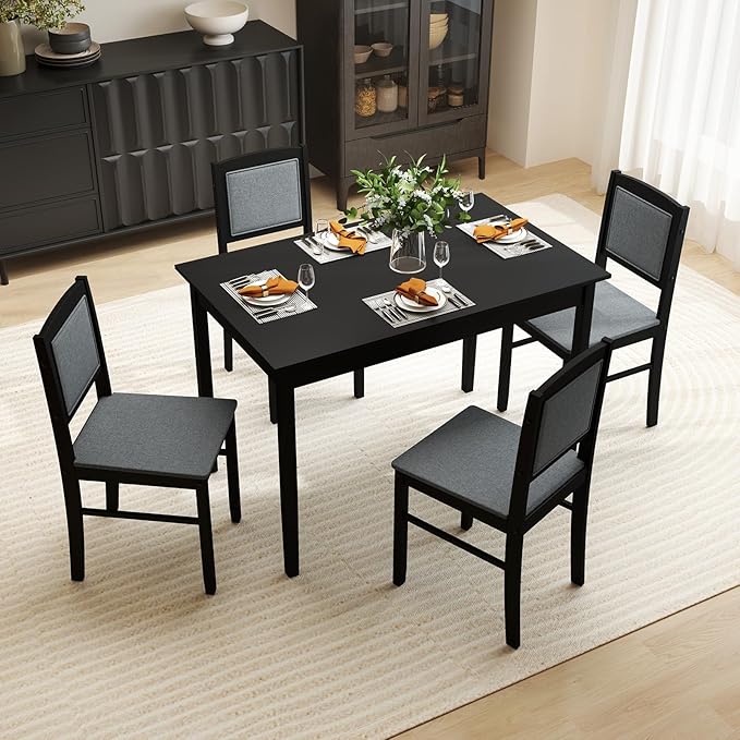 Giantex 5-Piece Dining Table Set for 4 - Breakfast Nook Table Set with Kitchen Table, 4 Upholstered Chairs, Wood Legs, Space-Saving Dinette Set, Kitchen Table Chairs Set of 4 (Black+Grey)