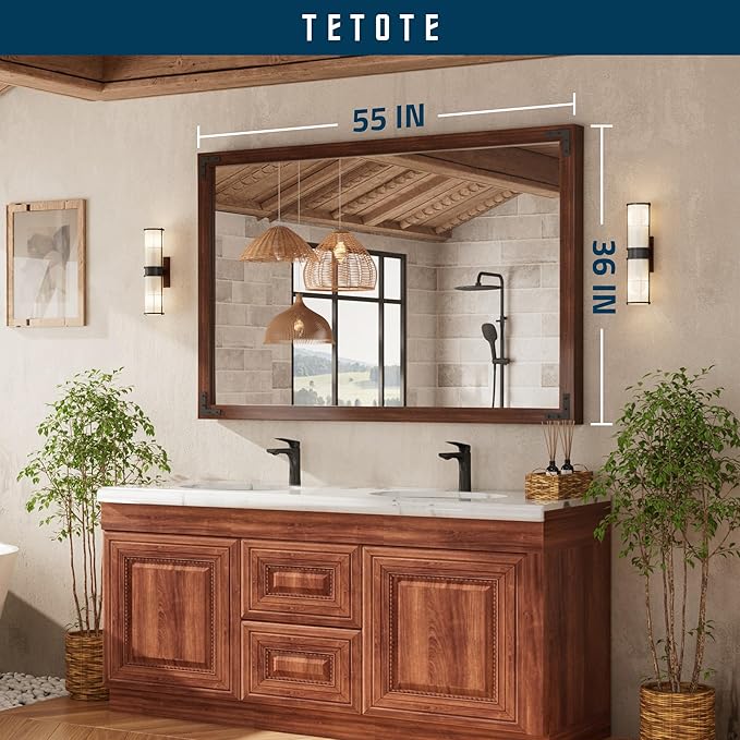 TETOTE 55 x 36 Walnut Wooden Mirror for Bathroom Wall/Bedroom/Living Room/Entryway Farmhouse Rustic Bathroom Vanity Mirror Waterproof (Horizontal/Vertical Mounted)