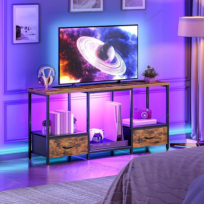 HOOBRO LED TV Stand with Storage, LED Entertainment Center with Open Shelves and Drawer, Fits TVs up to 55", Television Stand for Living Room, Bedroom, Rustic Brown and Black BF123DDS01