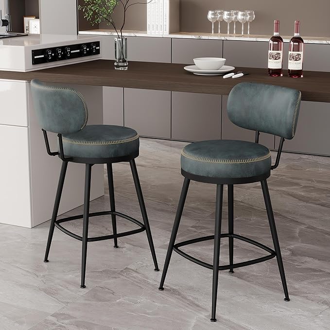 Counter Height Bar Stools, 26" H Swivel Barstools Set of 8, Faux Leather Kitchen Counter Stools with Back and Stylish Stitching, Metal Frame, Pub, Home Bar, Balck Green