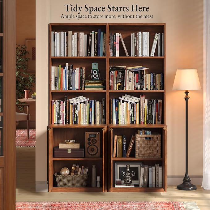 71" Walnut Bookcase with Doors, 5 Tier Fluted Tall Bookshelf with Storage, Librero with Cabinet for Home Office, Living Room,or Bedroom