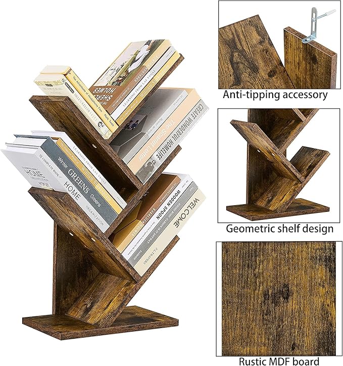 Hoctieon 4 Tier Tree Bookshelf, 4 Shelf Bookcase, Modern Book Storage, Free Standing Tree Bookcase, Utility Organizer Shelves for Home Office, Living Room, Bedroom, Rustic Brown