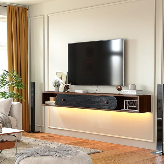 Floating TV Stand Wall Mounted 55'', Modern Media Console with 2 Open Cabinets and 1 Door,Wall Mount TV Console for Living Room Bedroom,Walnut and Black