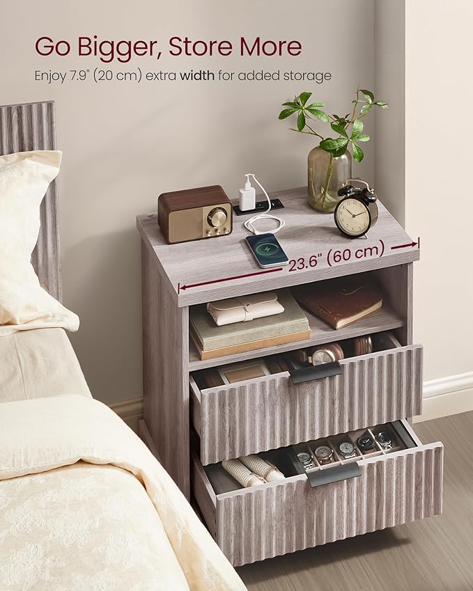 VASAGLE MAXE Collection - Set of 2 Nightstands with Charging Station, Bedside Table, Side End Table with 2 Drawers, Open Shelf, 2 AC Outlets, 2 USB Ports, Transitional, Bedroom, Washed Gray ULET926G01