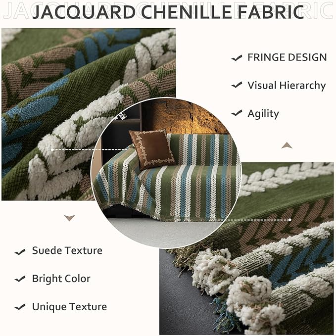 STACYPIK Thick Jacquard Green Couch Cover, Washable Sofa Cover for 3 Cushion Couch, Washable Chenille Couch Cover Blanket, Multi-use Sofa Protector Slipcover, Furniture Protector Pet-Friendly-71X150IN