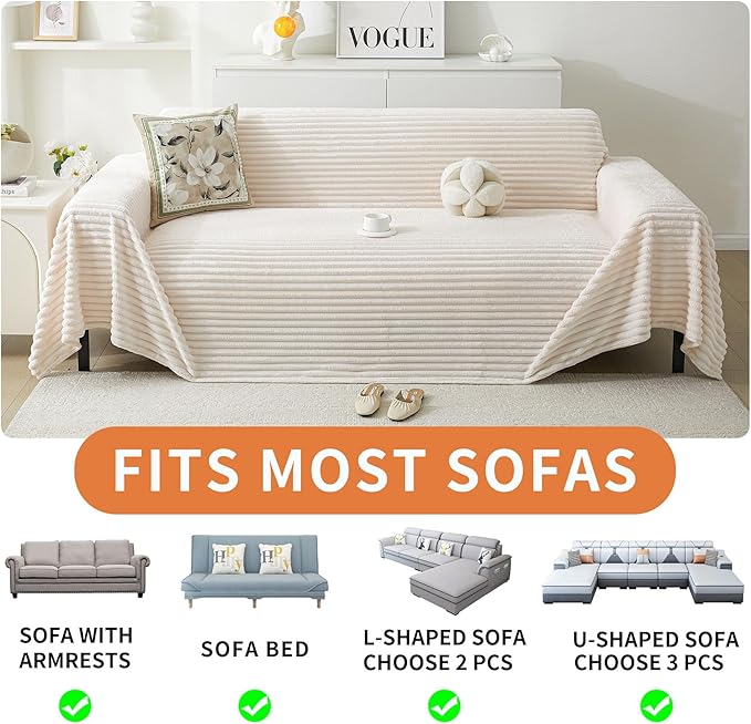 HAOMAIJIA Faux Fur Sofa Covers Couch Covers for 2 Cushion Couch Sofa Pet Friendly Soft Non Slip Couch Cover for Dogs Washable Sectional Couch Covers L Shape Furniture Protector (Off White, 71"x102")