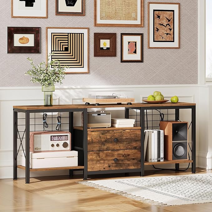 TV Stand with Power Outlet Up to 60 Inch, Entertainment Center with 2 Fabric Drawers, TV Console Table with Open Storage Shelves for TVs, Cable Management, for Living Room, Bedroom, DS14UBRY1