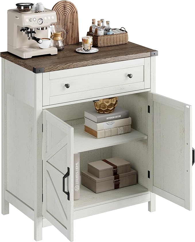 ChooChoo Kitchen Storage Cabinet, Coffee Bar Cabinet, Farmhouse Buffet Sideboard with Drawer for Kitchen, Living Room, White