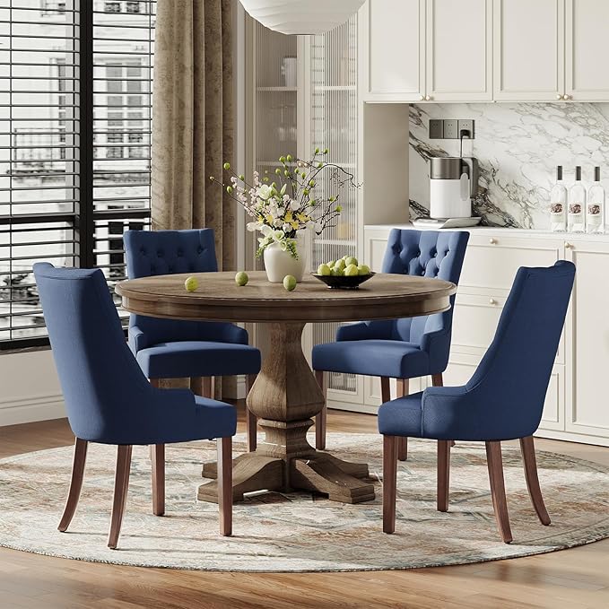 COLAMY Wingback Upholstered Side Dining Room Chairs Set of 2, Fabric Dining Chairs with Tufted Button, Living Room Chairs for Home Kitchen, Blue