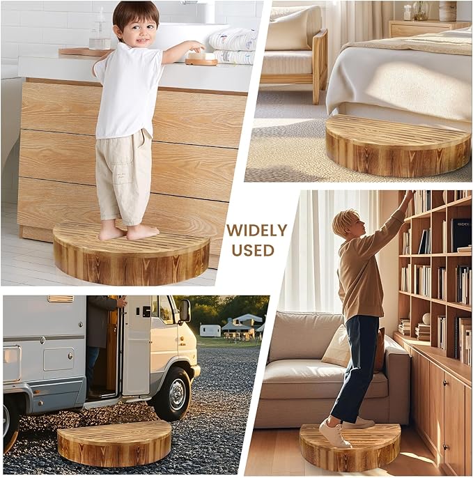 Solid Wooden One Step Stool, 5.2" High Semicircular Wood Bed Step for Elderly Adults Kids Safety to Get in & Out of High Bed, Kitchen, Bathroom(26.4" L, 550LBs Capacity)