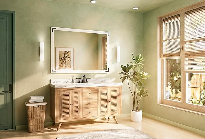 TETOTE 48 x 36 White Wooden Mirror for Bathroom Wall/Bedroom/Living Room/Entryway Farmhouse Rustic Wall Mirror Waterproof (Horizontal/Vertical Mounted)
