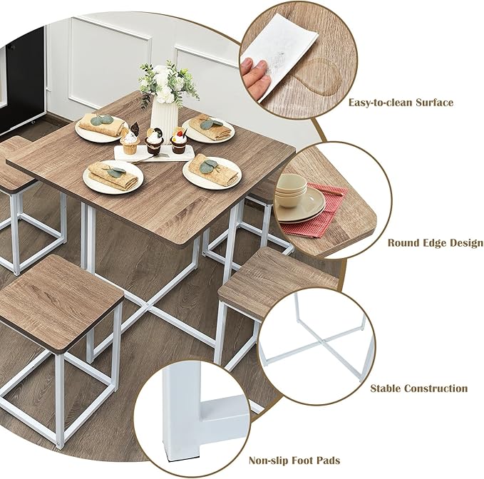 Giantex 5 Piece Dining Table Set, Dining Set for 4 with Square Stools, Small Kitchen Table Set with Metal Frame, Compact Design for Small Space, Home Kitchen Bar Pub Apartment