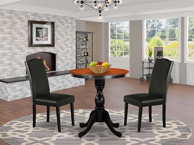 East West Furniture ESEN3-BCH-69 3 Piece Kitchen Table & Chairs Set Contains a Round Dining Room Table with Pedestal and 2 Black Faux Leather Parson Dining Chairs, 30x30 Inch, Black & Cherry