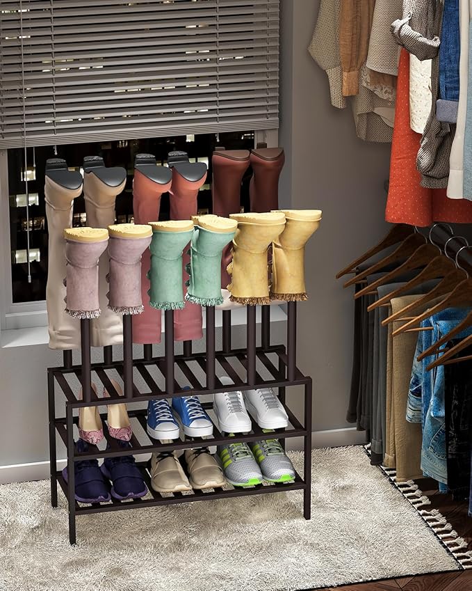 Boot Rack, Brown Boot Rack Organizer Tall Boots with Shoe Rack for Closet, Bamboo Wood Shoe Shelf Storage Organizer for Entryway Space