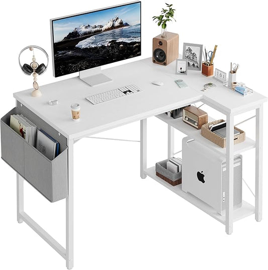 L Shaped Computer Desk with Reversible Shelves, 40 Inch Small Corner Desk with Storage Bag, Gaming Desk Computer Table Study Writing Desk for Home Office Small Space, White