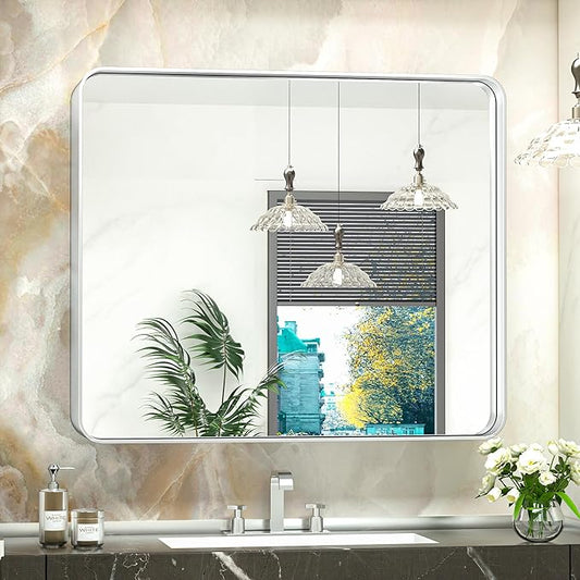TokeShimi 42x36 Inch Brushed Silver Bathroom Mirror for Wall Brushed Brass Metal Rounded Corner Rectangle Mirror Metal Frame Deep Set Design Hangs Horizontal Or Vertical