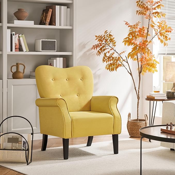 Yaheetech Modern Armchair, Mid Century Accent Sofa Chair with Sturdy Wood Legs and High Back, Upholstered Fabric Sofa Club Chair for Living Room/Bedroom/Office, Yellow