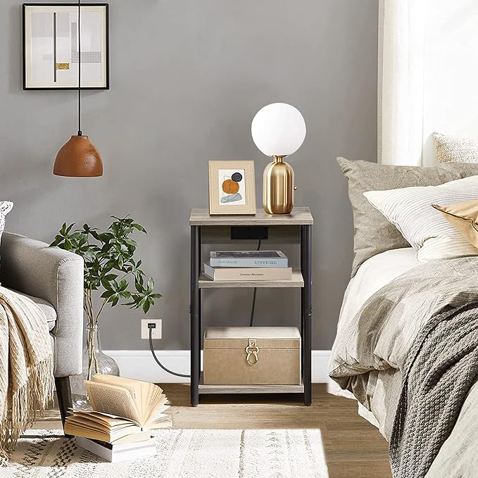 TUTOTAK End Table with Charging Station, Nightstand, 3-Tier Couch Side Table with USB Ports and Outlets, Bedside Table for Small Space, Living Room TB01BG026