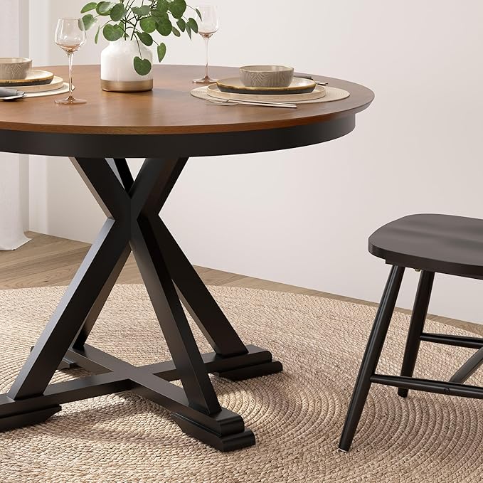Bush Furniture Round Dining Table Set for 4, with 45 inch Trestle Design, High Back Spindle Dining Chairs, Transitional, West End Collection, Dark Brown and Black