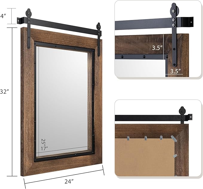 YOSHOOT Farmhouse Barn Door Mirror, 32"x24" Rustic Bathroom Mirror, Wood Frame Wall Mirror, Wooden Mirror for Living Room Bedroom Entryway Wall Décor, Vertical Hanging ONLY