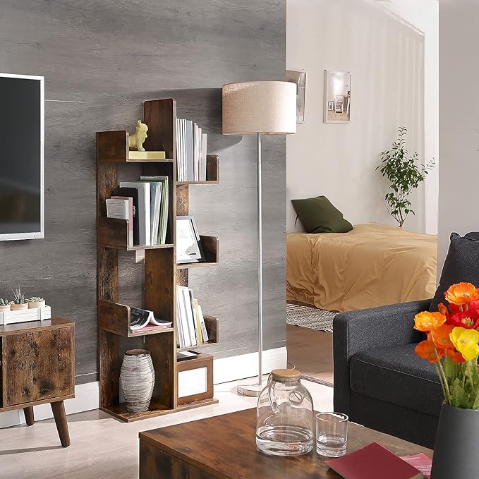 VASAGLE Bookcase, Tree-Shaped Bookshelf with 8 Storage Shelves, Rounded Corners, 19.7 x 9.8 x 55.1 Inches, Rustic Brown ULBC66BXV1
