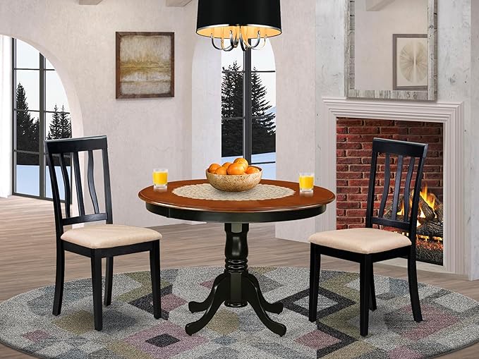 East West Furniture HLAN3-BCH-C 3 Piece Modern Dining Table Set Contains a Round Wooden Table with Pedestal and 2 Linen Fabric Kitchen Dining Chairs, 42x42 Inch, Black & Cherry