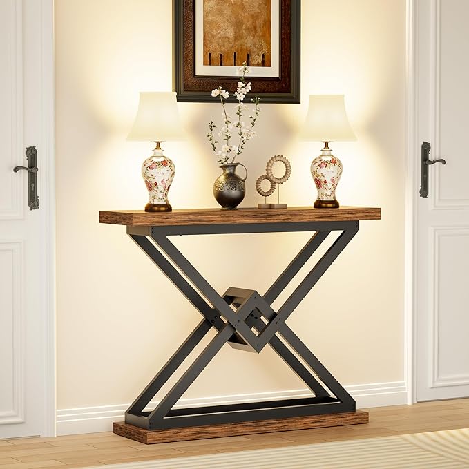 JUSTOGO 39.4" Console Table, Industrial Entryway Table Triangle Design for Living Room, Narrow Wood Sofa Tables for Hallway, Entrance, Foyer, Modern Accent Furniture Home Decor, Rustic Brown