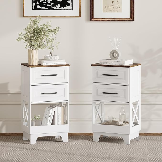 Tall Nightstand Set of 2 Side Table with 2 Drawers Modern Night Stand Wooden Rustic End Table Bedside Table with Below Open Shelf Solid Feet for Bedroom, Living Room, White+Walnut