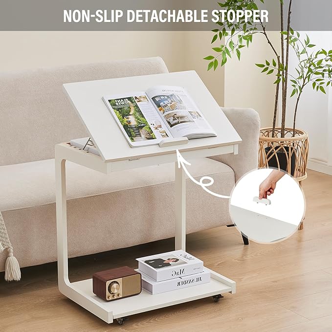 CozyDH Adjustable C Shaped End Table, Rolling Side Table Solid Wood TV Sofa Tray Table for Couch Arm Eating Multi-Purpose, Small Coffee Table with Wheels Living Room Bedroom, White