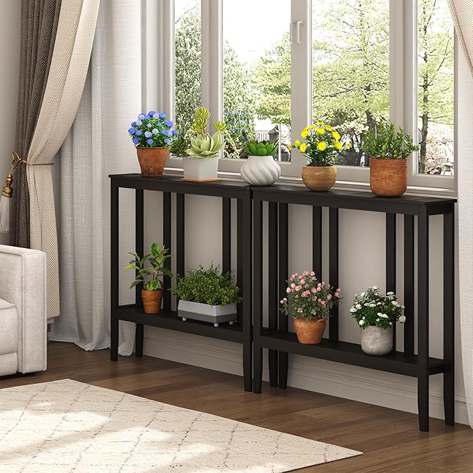 ELYKEN Console Tables for Entryway, 36.2" Long 2 Tier Hallway Table Behind Couch, 7” Narrow Sofa Table for Entrance, Entry, Living Room, Brown