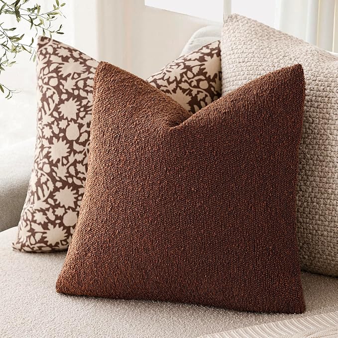 Foindtower Pack of 2 Textured Boucle Throw Pillow Covers Accent Solid Pillow Cases Cozy Soft Decorative Couch Cushion Case for Chair Sofa Bedroom Living Room Home Decor 20x20 Inch Red Taupe