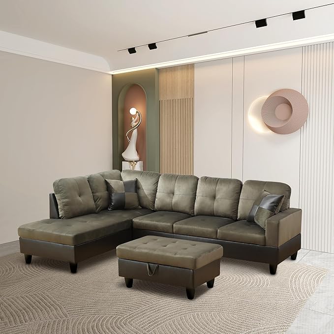 L Shaped Sectional Sofa with Ottoman, Color Blocking Flannel Leather Right Facing Modern Couches for Living Room, Bedroom, Office, Taupe