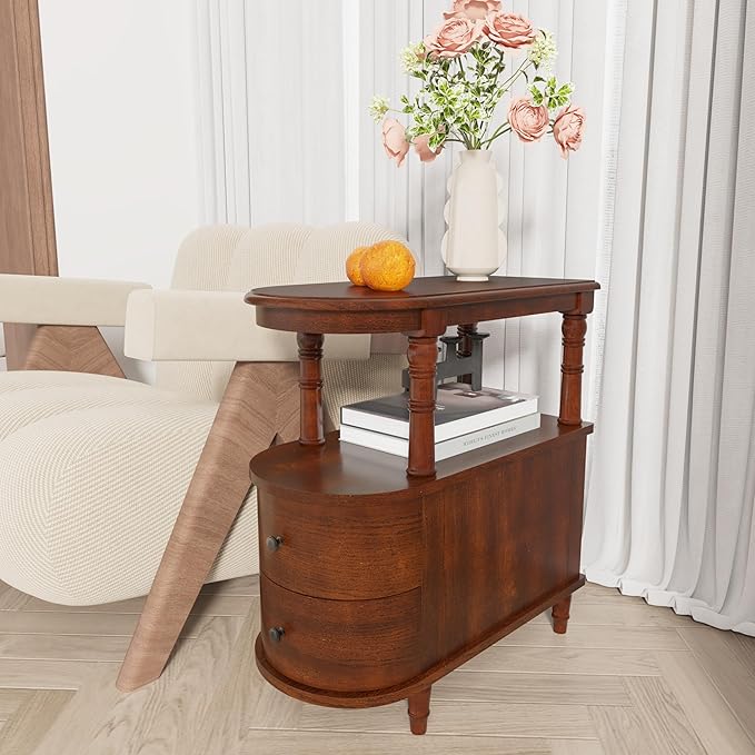 2 Set of Wood End Table with 2 Drawers and Storage Shelf, Narrow Sofa Side Table for Living Room, Vintage Slim Nightstand Bedside Table for Bedroom, Slim Chair Side Table Cherry Walnut A508CY