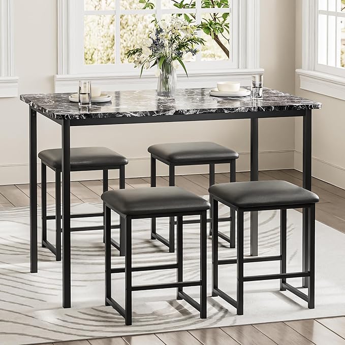 VECELO Kitchen Table and Chairs for 4, Dining Room Set with PU Chairs/Stools, Heavy-Duty Metal Frame, Faux Marble Tabletop, Space-Saving Design for Small Spaces, Easy Assembly, Elegant Black