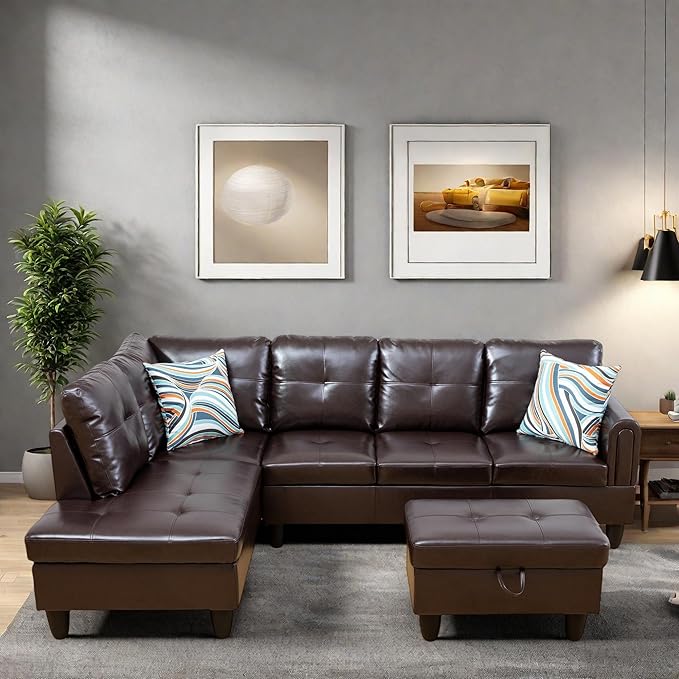 L Shaped Sectional Couches, Modular Sectional Modern Sofa for Living Room Bedroom Furniture, Comfy 4 Seat Couch with Ottoman Storage & Chaise, Brown