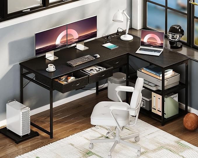 AODK 53 Inch L Shaped Computer Desk with Drawers, Corner Desk with Power Outlets & Reversible Storage Shelves, Movable CPU Stand for Home Office Gaming, Black