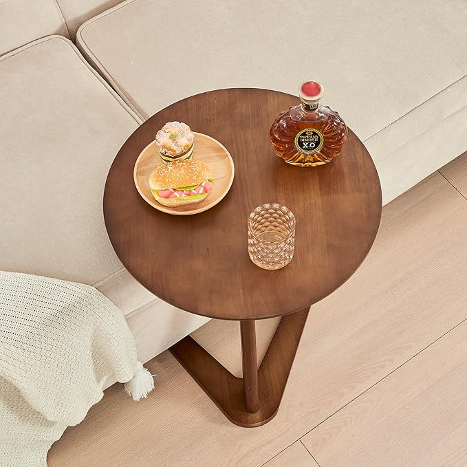 CozyDH Round End Table, Solid Wood C Shape Round Side Table, Walnut Coffee Bedside Table, Small Nightstand for Bedroom Living Room Office