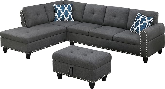 Ball & Cast 98" L Shaped Modular Sectional Couch for Living Room with Chaise & Storage Ottoman,4 Seat Linen Upholstered Sectional Sofa Set 3 PCS W/Cup Holders & Coffee Table,for Home,Office,Dark Gray