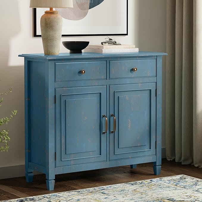 SIMPLIHOME Connaught 40-inch Wide Solid Wood Storage Cabinet in Distressed Coastal Blue for Entryway, Living Room, Organizer for Hats, Gloves, Shoes, Keys, Slim Design, Traditional Style