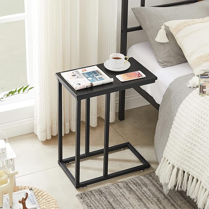 VECELO C Shaped End Side Table for Sofa Couch and Bed Snack TV Tray for Living Room Bedroom, 1 Set, Black
